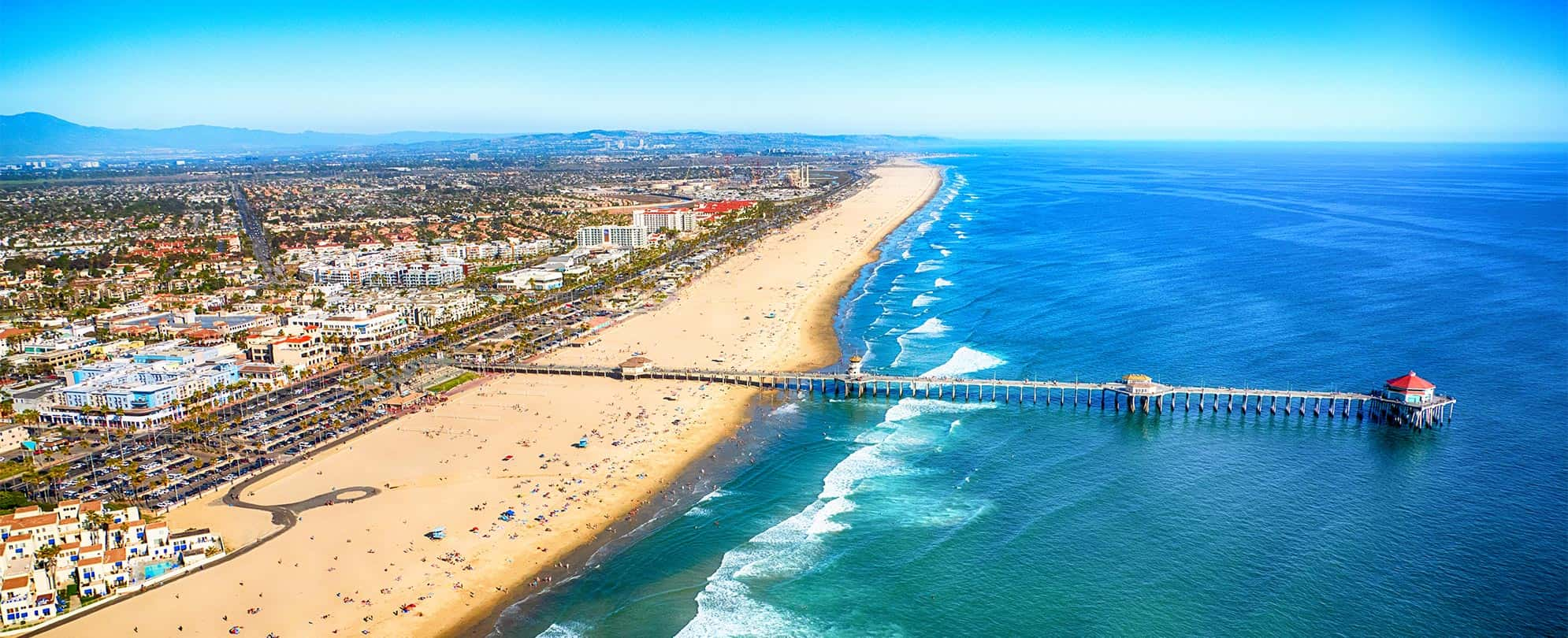 A bird's-eye-view of Huntington Beach and the Huntington Beach Pier near Anaheim, California.