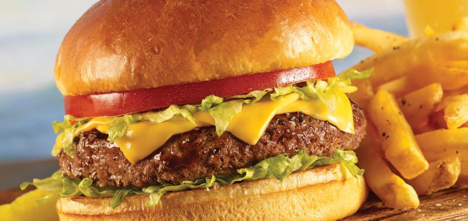 Hamburger and fries from a restaurant in Anaheim, California.