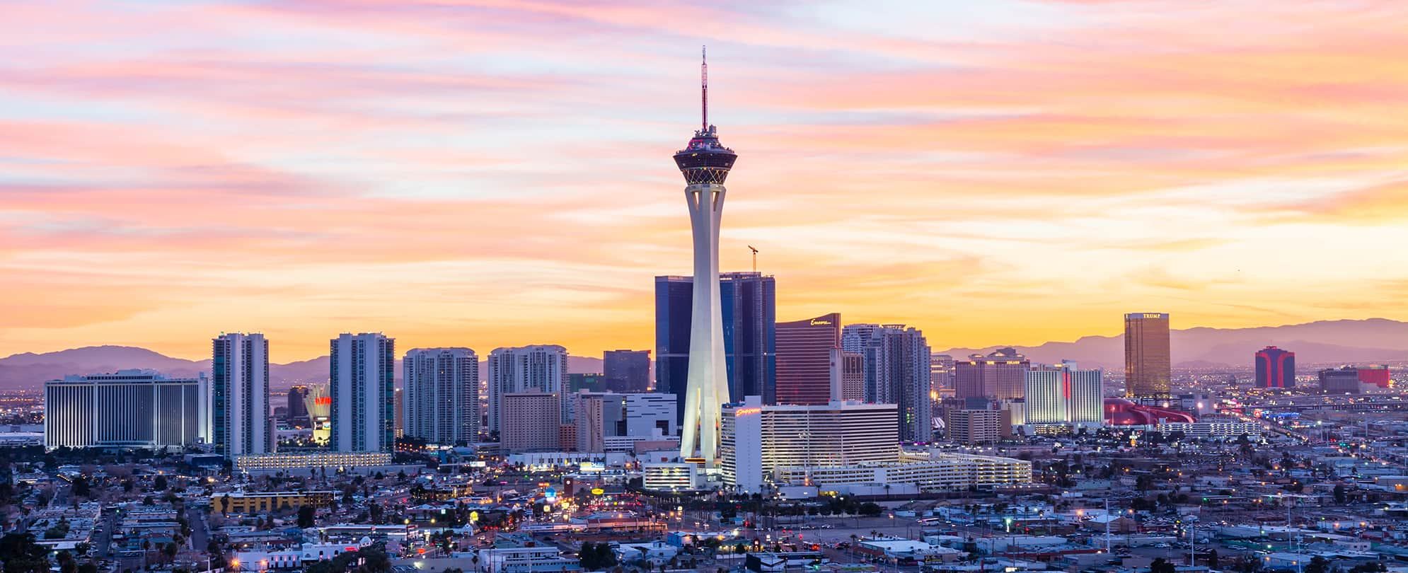 The STRAT Hotel, Casino & SkyPod, a tall structure in Las Vegas, Nevada at sunset.