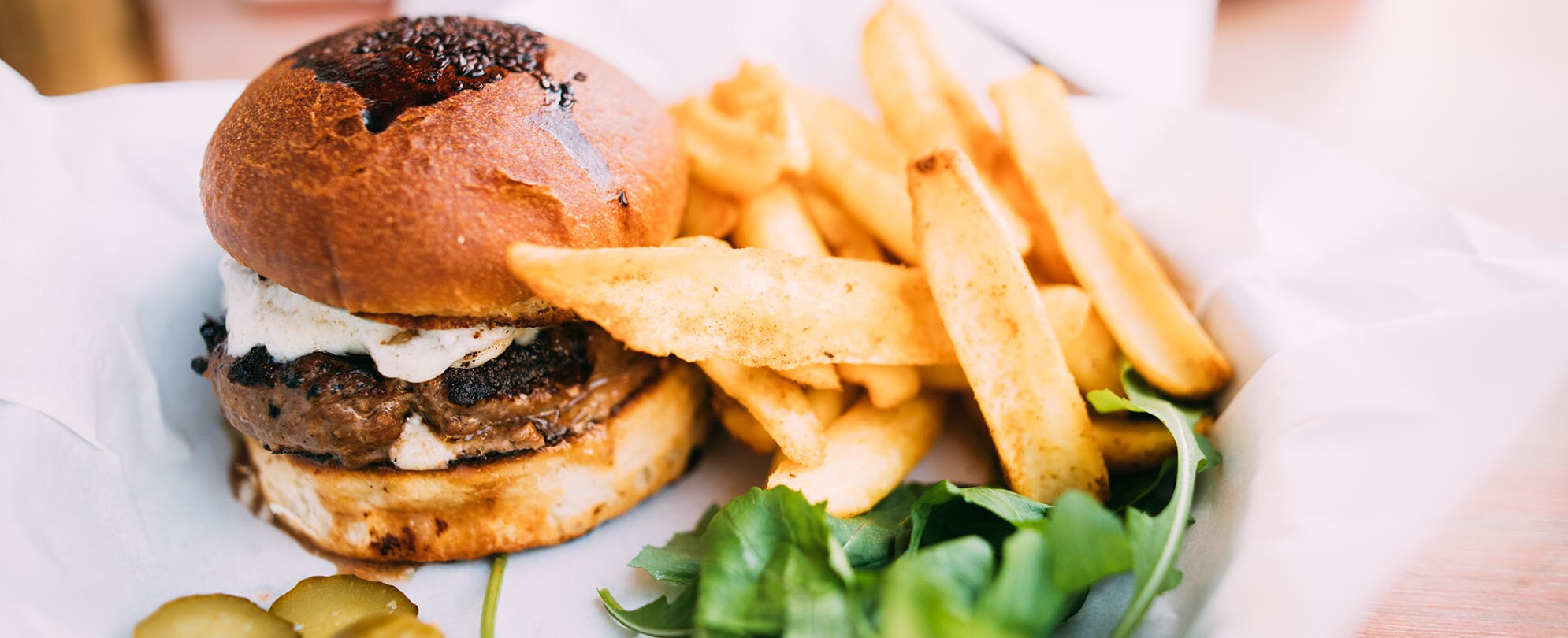 A close-up of a burger and fries at a Las Vegas, Nevada restaurants.