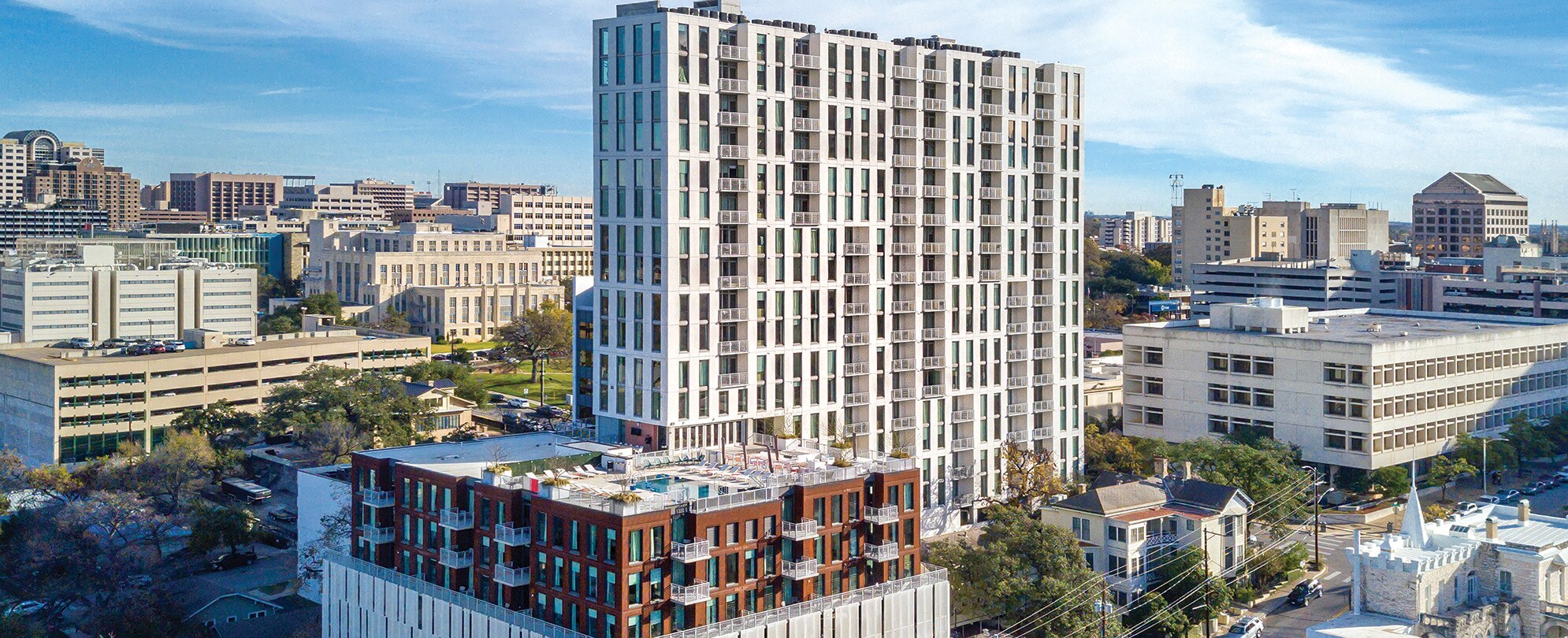 The exterior of Club Wyndham Austin, a high-rise timeshare resort in downtown Austin, Texas.