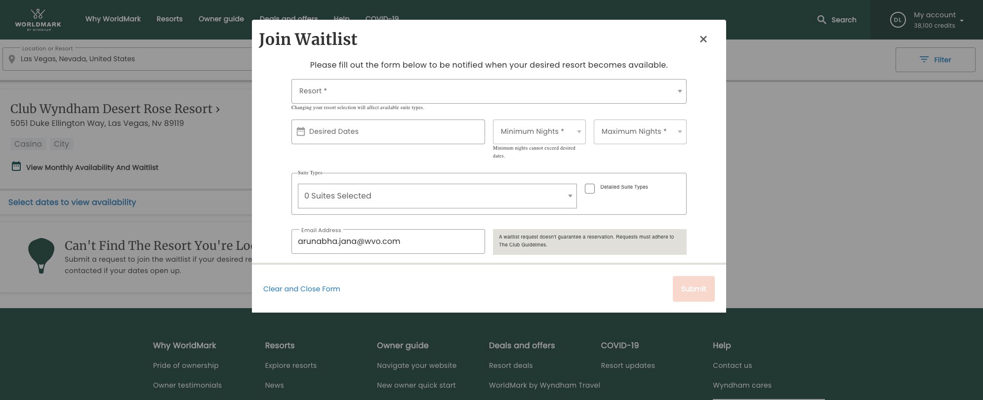 View of the Waitlist request form on the WorldMark owner website