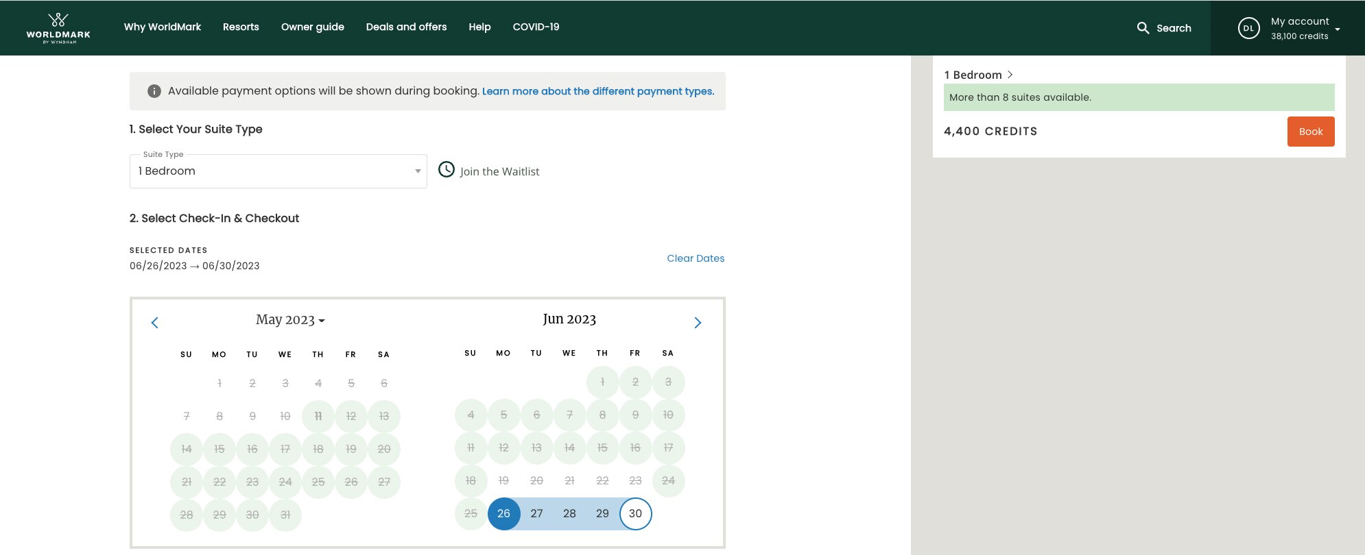 Calendar search availability function on the WorldMark owner website