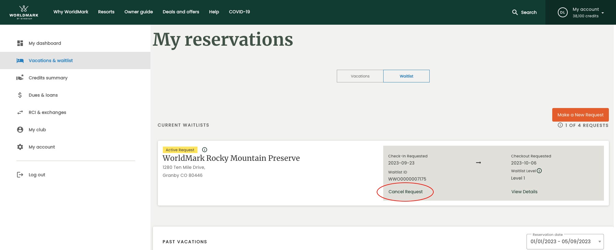 View of active waitlist requests on the "Vacations & waitlist" page of the WorldMark owner website with "Cancel request" circled in red