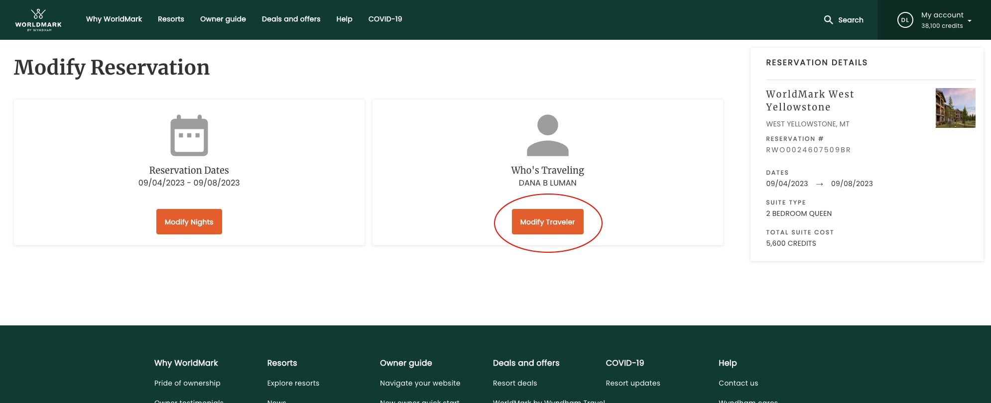 View of the Modify Reservations page on the WorldMark owner website with "Modify Traveler" button circled in red