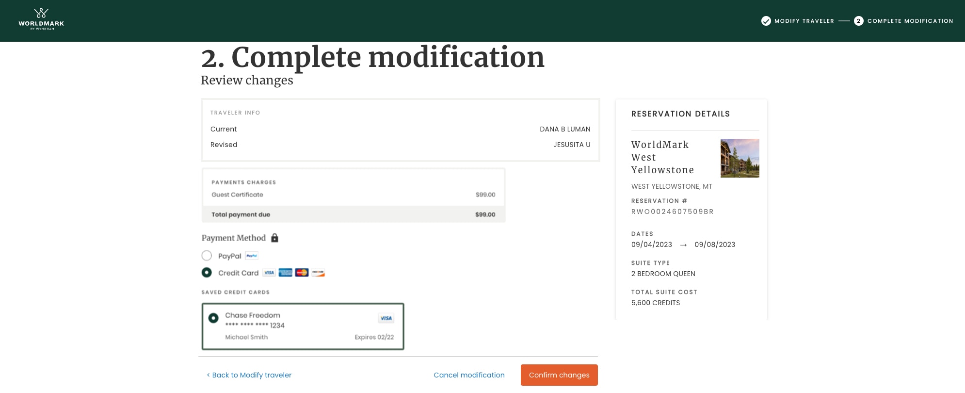 View of complete modification/review section of booking page on the WorldMark owner website