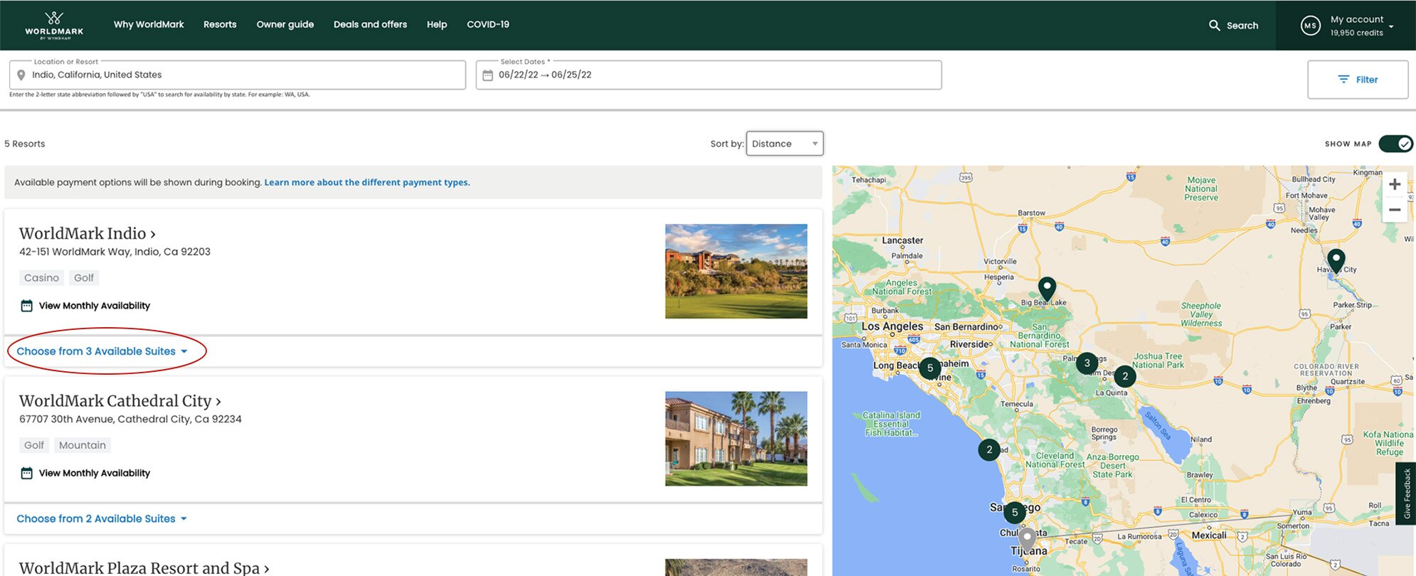 Instructions on how many suite types are available to select for a WorldMark by Wyndham resort.