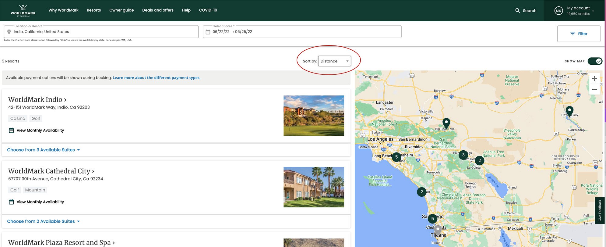 Instructions on how to search for WorldMark by Wyndham resorts distance.