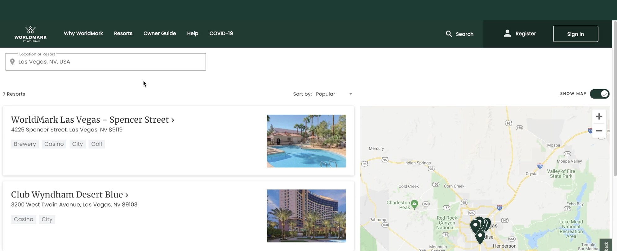 The WorldMark by Wyndham resorts page, displaying a list of resorts and a map with pinpoint. 